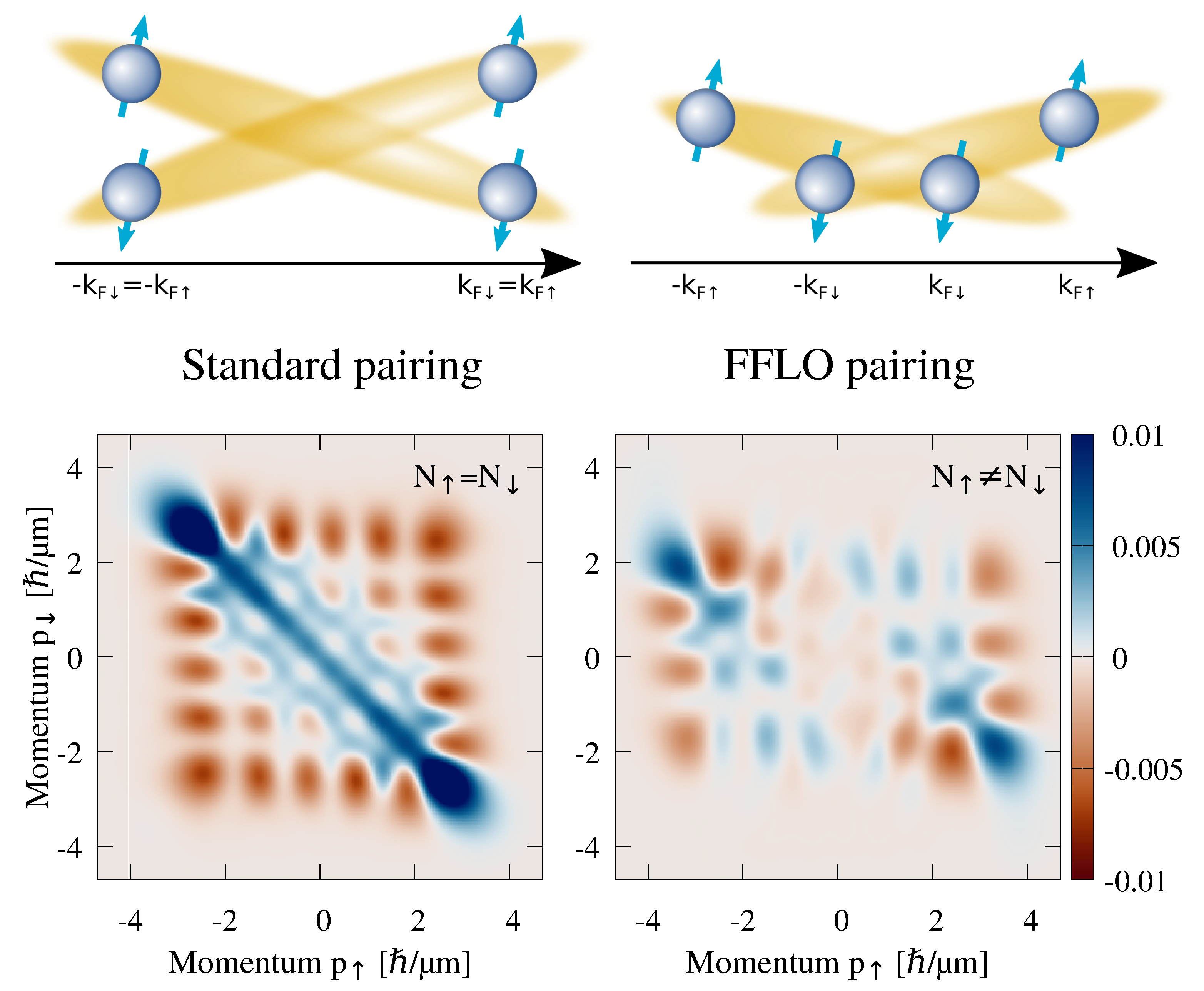 Top left: BCS pairing scheme with particles of opposite momenta. Top right: FFLO pairing scheme with mismatched momenta. Bottom: Two-body correlation functions corresponding to each pairing type.