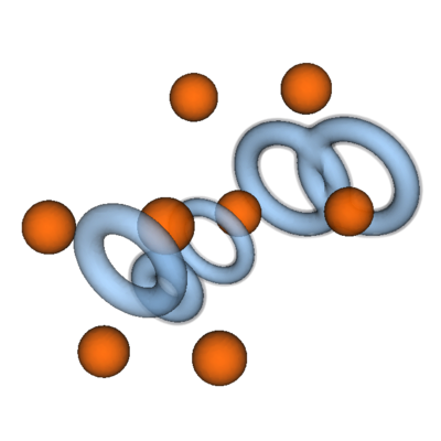 Visualization of vortex rings among spheres representing nuclei, immersed in a superfluid neutron medium.